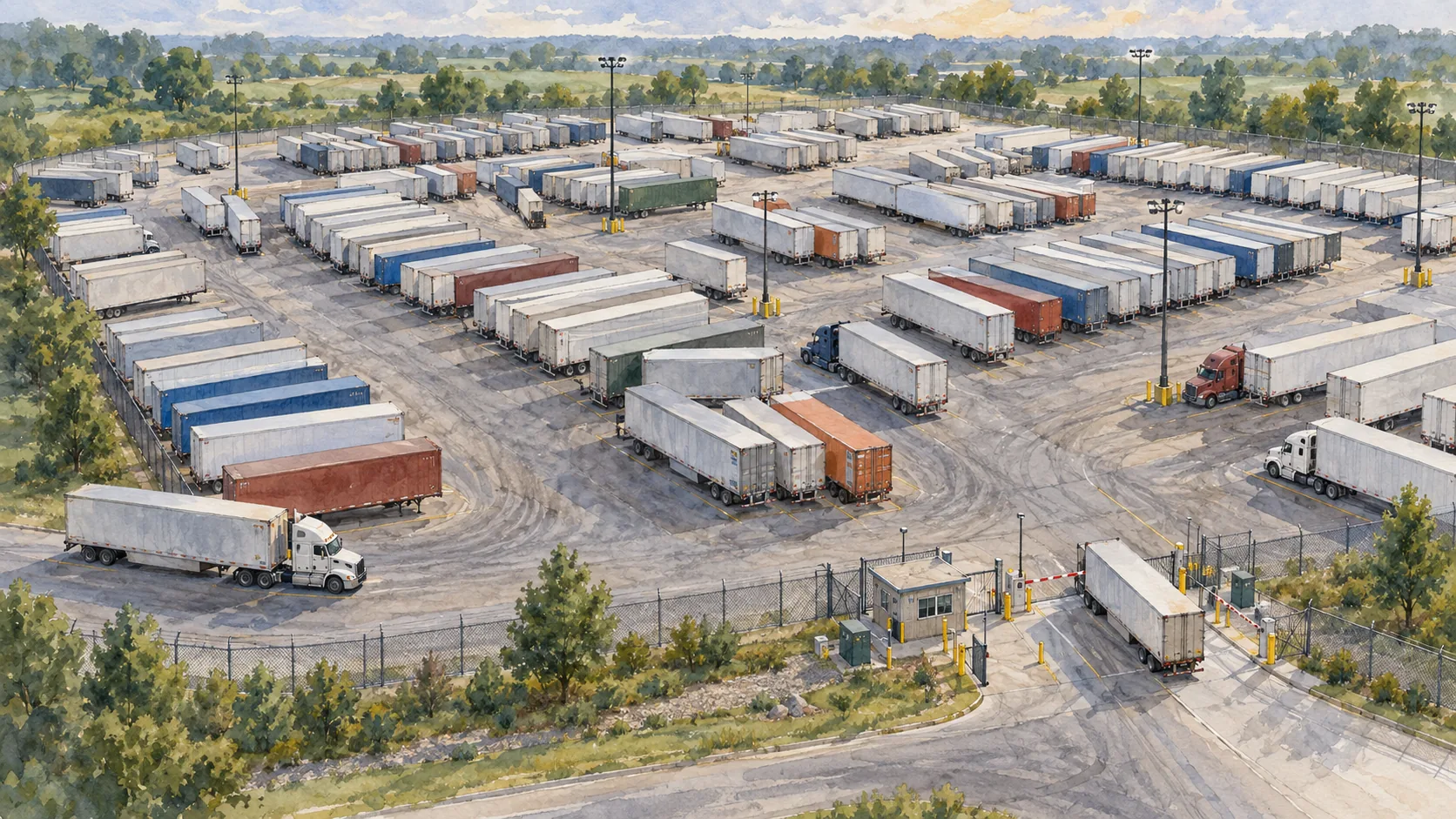 Watercolor aerial view of a dense working trailer relay and staging yard.