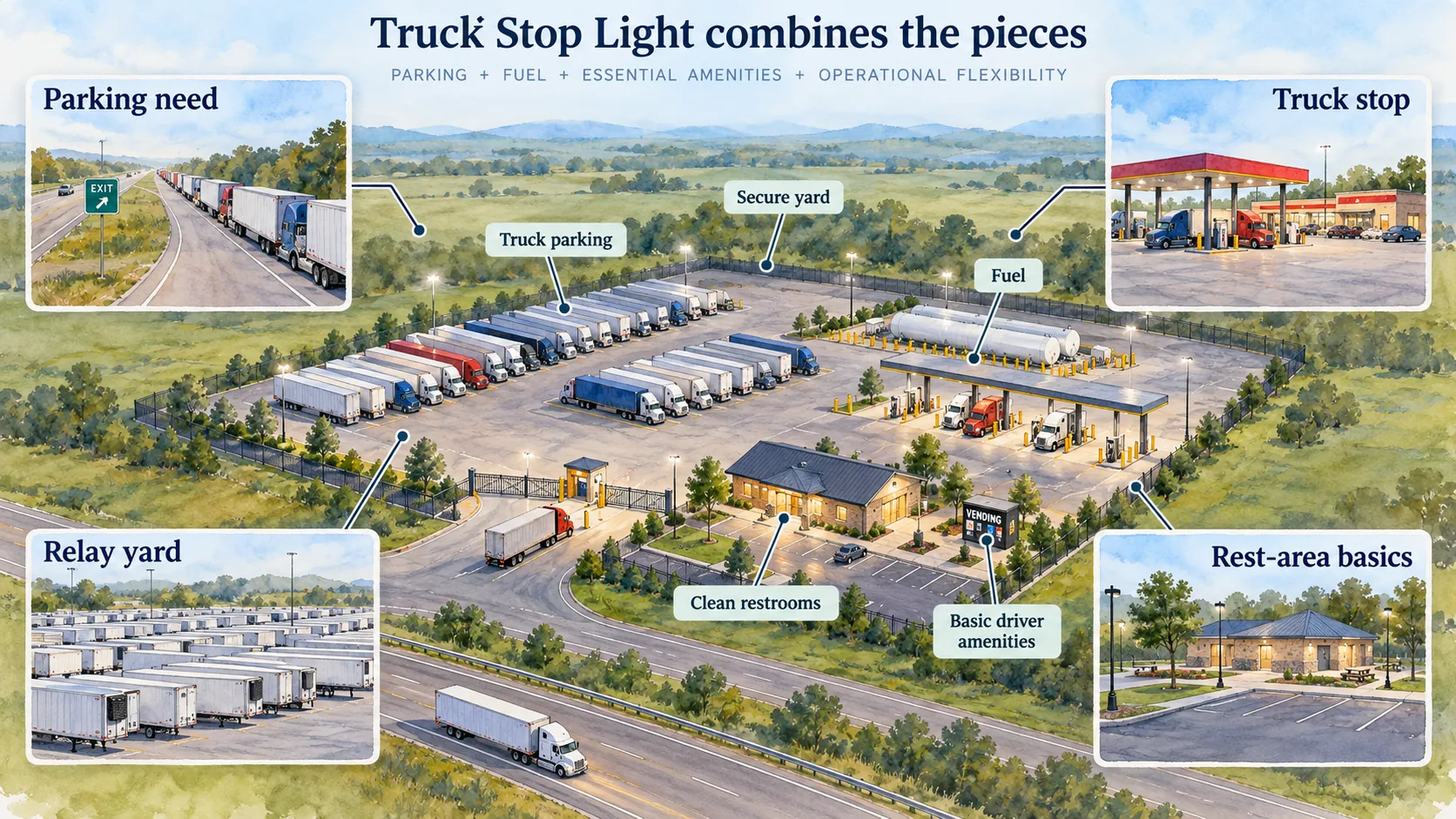 Truck Stop Light combines parking, fuel, essential amenities and operational flexibility: a secure yard with truck parking, fuel, clean restrooms and basic driver amenities, drawn from a relay yard, a truck stop and rest-area basics.