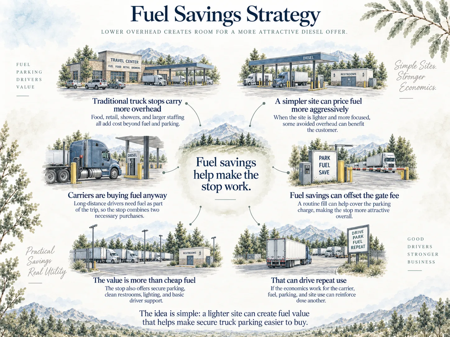 Fuel savings strategy: a simpler site carries less overhead and can price diesel more aggressively, carriers are buying fuel anyway, a routine fill can offset the gate fee, the stop offers more than cheap fuel, and that can drive repeat use.